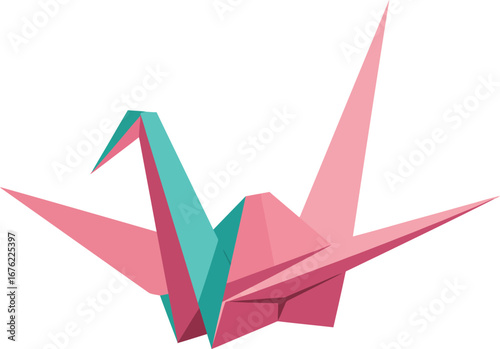 A beautifully folded origami crane in vibrant pink and blue, representing creativity, art, and precision, an elegant symbol of peace and hope.