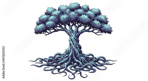 Intricate fantasy tree with twisting roots and lush canopy