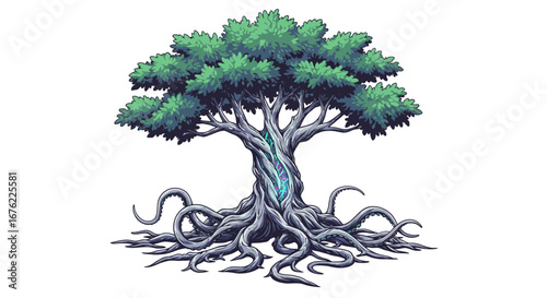 Mystical tree with twisting roots and lush foliage on white background