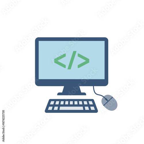 Flat design desktop computer with keyboard and mouse displaying a green coding symbol on its blue screen representing programming.