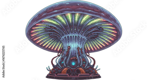 Futuristic bioluminescent cyber mushroom with tech elements
