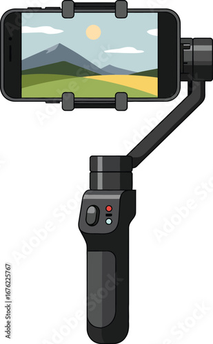 A modern electronic gimbal stabilizer holding a smartphone displaying a scenic mountain landscape, designed for capturing smooth, professional-quality video and photography.