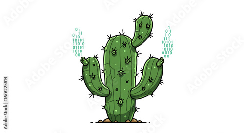 Cactus with digital binary code overlay: nature meets technology in modern graphic design