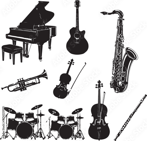 A Symphony of Silhouettes Musical Instruments Depicted in Bold Black and White Harmony and Artistic Composition a Celebration of Sound