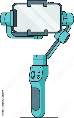 A sleek electronic handheld gimbal stabilizer in a vibrant blue color, with a smartphone attached, designed to capture smooth, professional-quality video footage for content creators.
