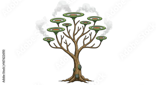 Futuristic tree with ufo-inspired branches and smoke in fantasy art style