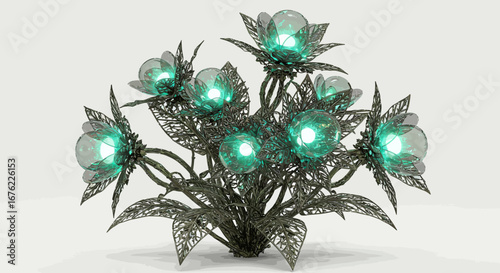 Futuristic glowing plant with intricate metallic leaves and luminescent flowers