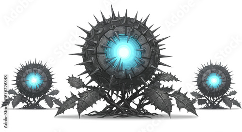 Futuristic spiky mechanical plants with glowing center on white background