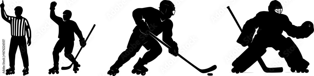 Fototapeta premium Roller Hockey Players Action Silhouette Vector, Minimal Black Outline for Team Sports and Competition