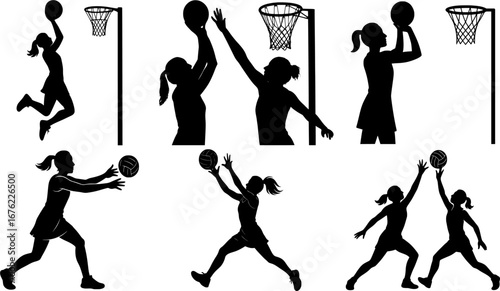 Minimalist silhouette of netball players in action. Vector illustration for team sports design, competition graphics, athletic logos, infographics, and modern creative projects