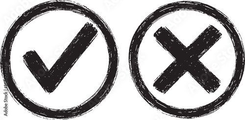 Grunge style checkmark and cross symbols within rough circles vector illustration