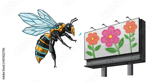 Futuristic robotic bee approaching colorful billboard with flowers in digital art