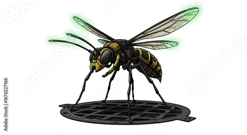 Futuristic robotic wasp with glowing wings in detailed mechanical design