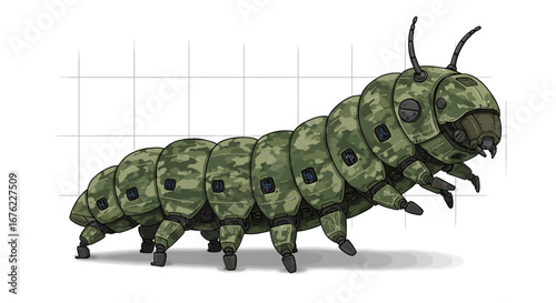 Camouflage robotic caterpillar with futuristic design and grid background