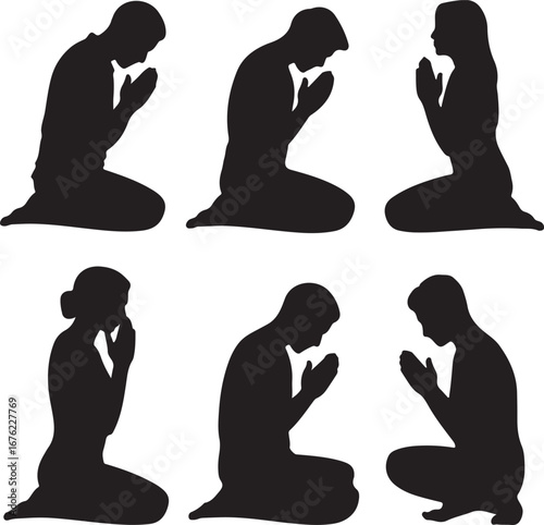 praying set vector silhouttee on white background
