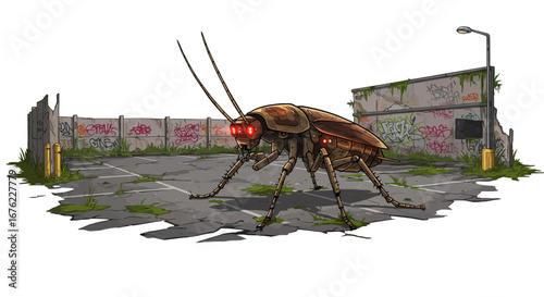 Futuristic urban cockroach with red eyes in graffiti-covered alley