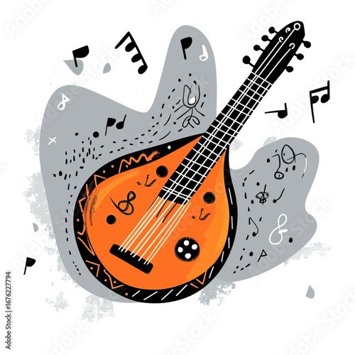 Minimalist flat style vector illustration of orange mandolin with black neck and surrounding musical notes and symbols on gray abstract background
