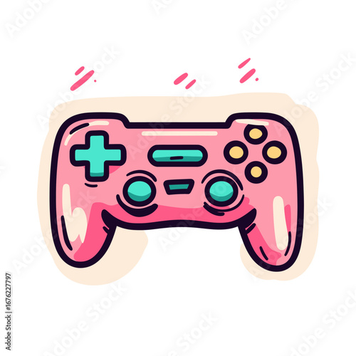 Colorful pink video game controller with teal buttons and dials in doodle outline style isolated on white background