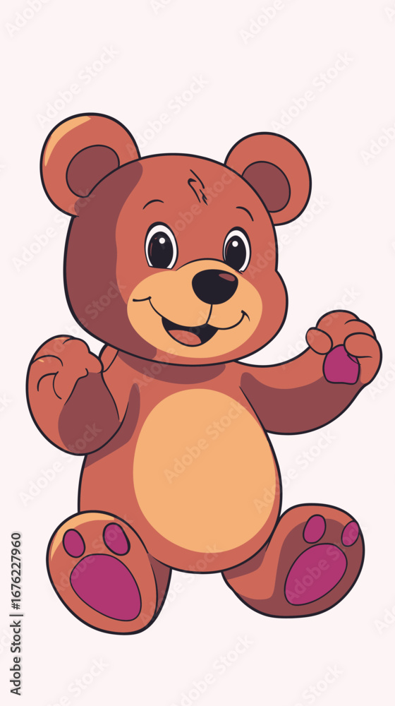 Obraz premium Cute smiling cartoon teddy bear with pink paw pads and friendly expression sitting isolated on light background vector illustration for kids and children design