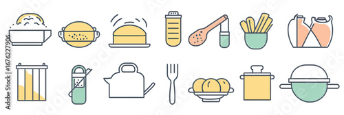 Minimalist line art cooking and baking icon set with kitchen utensils, ingredients, and cookware including colander, salt shaker, pot, fork, and oil bottle in flat vector style