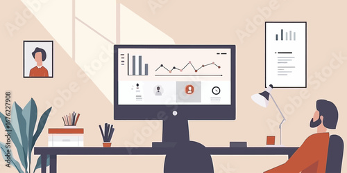 Remote work home office setup with man analyzing business data charts on desktop computer in minimalist room interior vector illustration