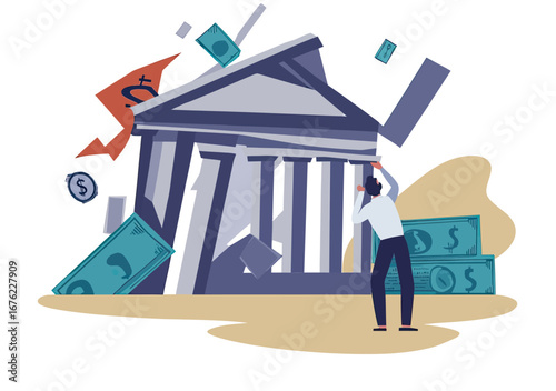 Businessman standing frustrated near collapsing bank building with falling money bills and coins representing financial crisis and banking collapse concept in flat vector style