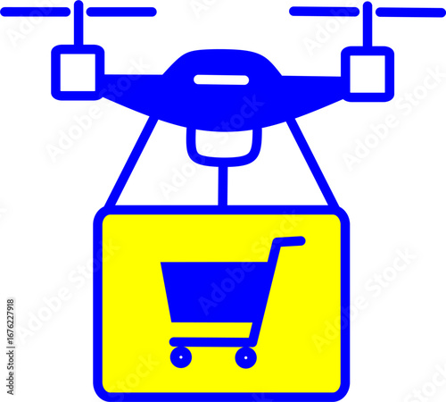 Minimal vector icon of a drone transporting a grocery bag with vegetables. Ideal for supermarket apps, online grocery delivery, food logistics, and futuristic shopping concepts.