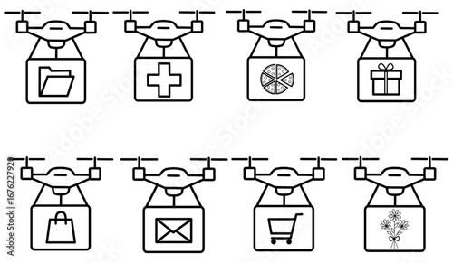 Minimalist line vector icons showing drones carrying different packages such as letters, food, gifts, groceries, and medical supplies. Suitable for infographics, UI/UX design, mobile apps, presentatio