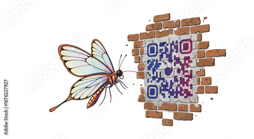 Colorful dragonfly next to brick wall qr code with artistic digital art style