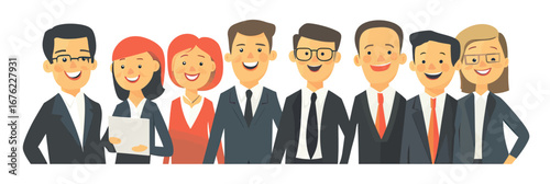 Diverse smiling business team group standing in formal suits with professional attire collaborative workplace concept flat vector illustration
