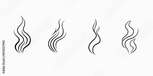 Set of four abstract black smoke steam vapor icons with flowing curved lines on white background vector illustration