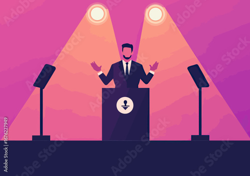 confident businessman public speaking on stage with podium microphone spotlight flat minimalist vector illustration communication presentation leadership concept