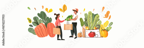 Man delivering fresh organic vegetables and groceries to woman in flat minimalist style with autumn leaves and reusable bags for eco friendly food shopping and delivery concept