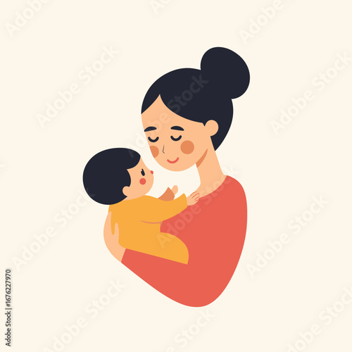 Mother holding baby close with loving expression flat minimalist vector illustration of maternal care and bonding in warm color palette