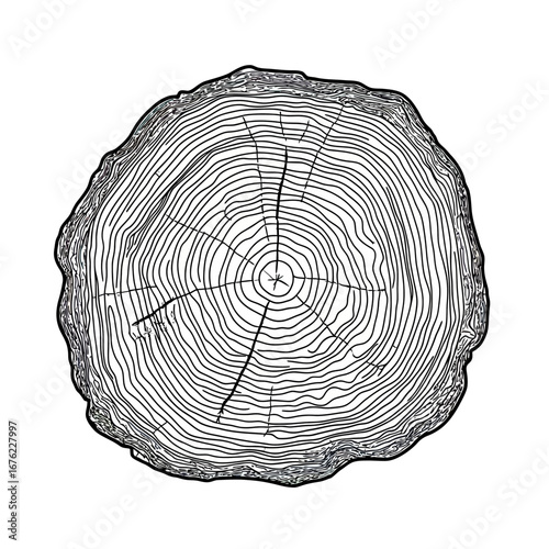 Detailed black and white vector illustration of tree trunk cross section with detailed growth rings and natural bark edge texture for botanical and environmental concept design