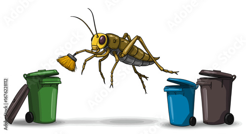 Cartoon cricket cleaning with broom near colorful trash bins