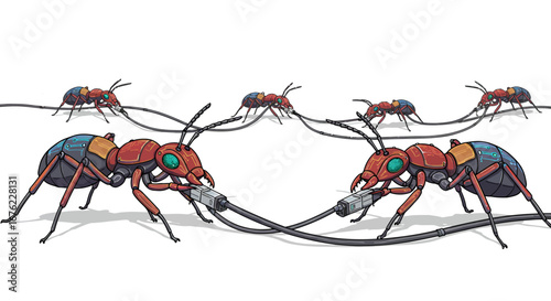 Futuristic robotic ants connecting with cables in detailed cartoon style