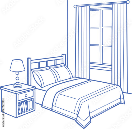 Minimal bedroom interior with bed, nightstand, lamp, and curtains in clean line art style. Perfect for home decor and modern living concepts. Ideal for interior design and lifestyle illustrations.