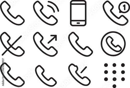 Set of twelve black outline icons related to phone communication and calls telephone calling