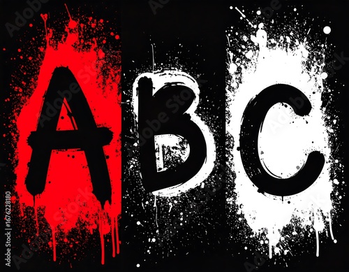 Graffiti-style letters A, B, and C on a black background with red and white paint splatters