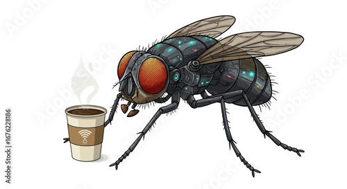 Cyber fly enjoying coffee: futuristic insect with digital details