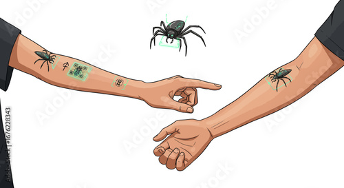 Futuristic cybernetic spider tattoos on human arms with augmented reality interface
