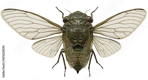 Futuristic cicada with mechanical features and detailed tech design
