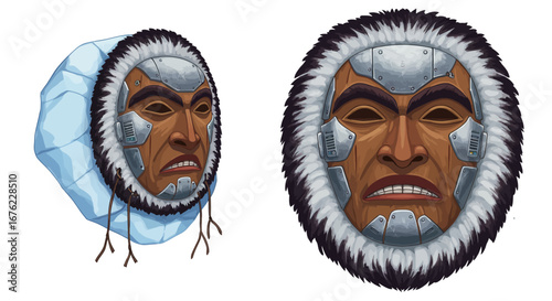 Futuristic tribal mask design with metal accents and fur trim