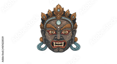 Traditional ethnic mask with intricate patterns and fierce expression