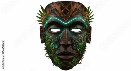 Tribal wooden mask with futuristic neon glow and nature elements