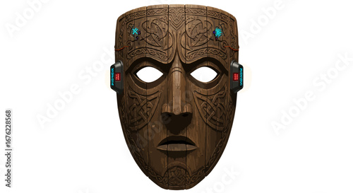 Futuristic celtic mask with intricate wooden design and cybernetic elements