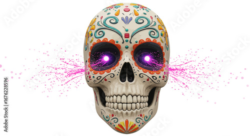 Vibrant sugar skull with neon eye sparks celebrating day of the dead