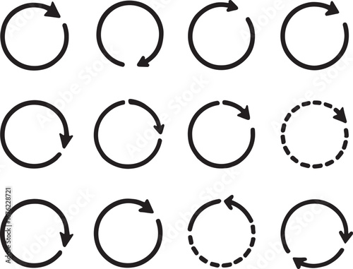 Twelve Black Circular Arrow Icons In A Grid On White Background rotation refresh