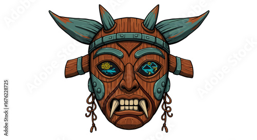 Tribal mask with intricate wood design and symbolic eye patterns